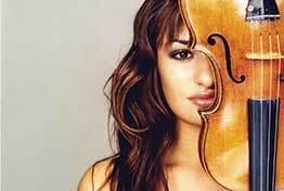 Nicola Benedetti with violin covering half her face
