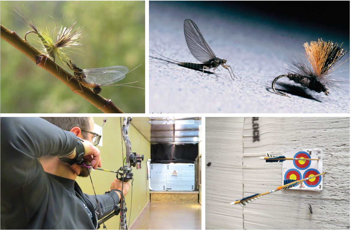 Top: Natural and imitation photos. Fly tying can be used to imitate fish food, and is and can be utilitarian art. Bottom: Archery is a fun sport that can easily be learned with basic instruction. Photos Copyright Scott Sanchez.