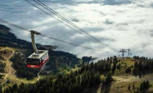 ariel view of tram over mountain valley